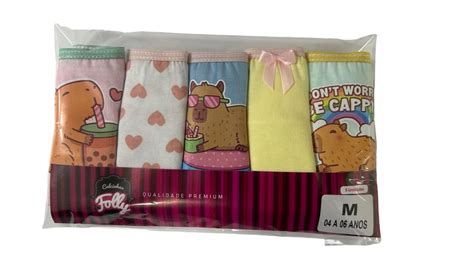 Kit 5 Calcinhas Infantil Capivara 100 algodão Confecções Folly Lingerie Infantil no Atacado