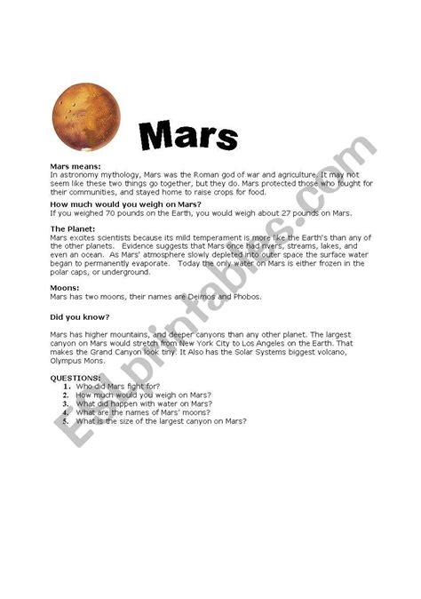 English Worksheets Reading Comprehension Mars