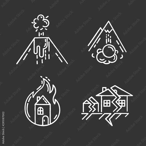 Natural Disaster Chalk Icons Set Destructive Force Of Earth Volcanic