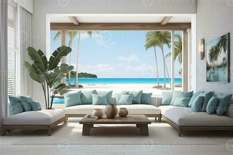 Sea View Living Room With Comfortable Sofa White Wall Tropical Plants