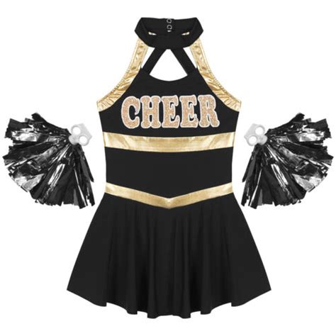 Mädchen Karneval Kostüm Cheerleader Kleid mit Pompoms Cheerleading