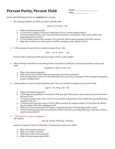 Percent Yield Chemistry Worksheet Martin Lindelof