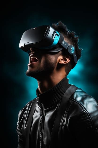 Uomo che indossa un visore di realtà virtuale e una giacca di pelle ai