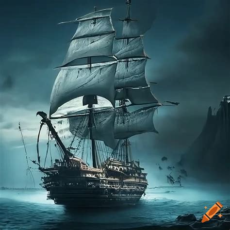 Dramatic Artwork Of A Pirate Ship Sailing Through Troubled Waters On