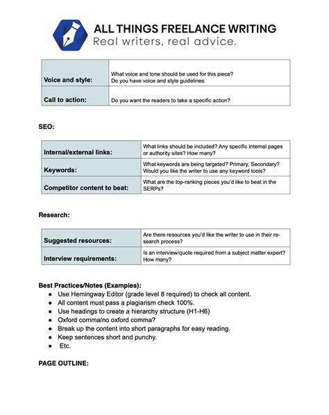 Blog Assignment Brief Template All Things Freelance Writing