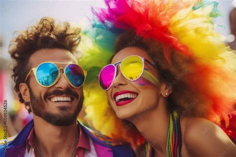 Happy Generative AI Couple At LGBTQ Gay Pride Parade In Sao Paulo Love And Diversity In The