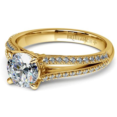 Beautiful Split Shank Diamond Engagement Ring In Yellow Gold