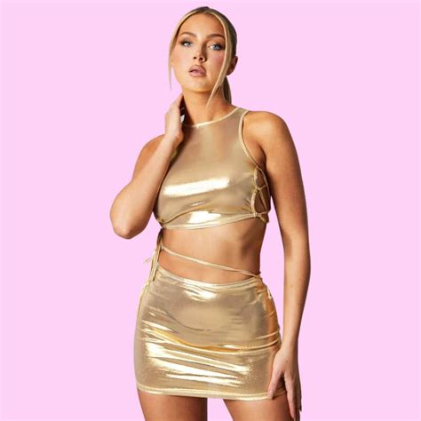Metallic Cropped Top Mini Skirt Set In Gold Pink Sugar Bikini