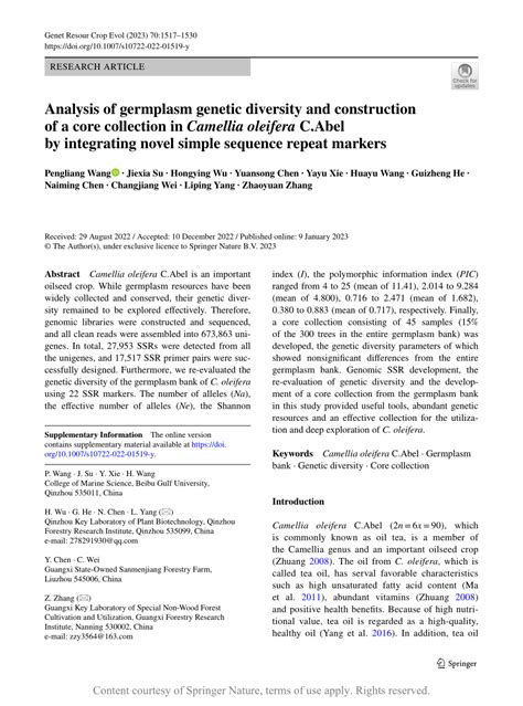 Analysis Of Germplasm Genetic Diversity And Construction Of A Core