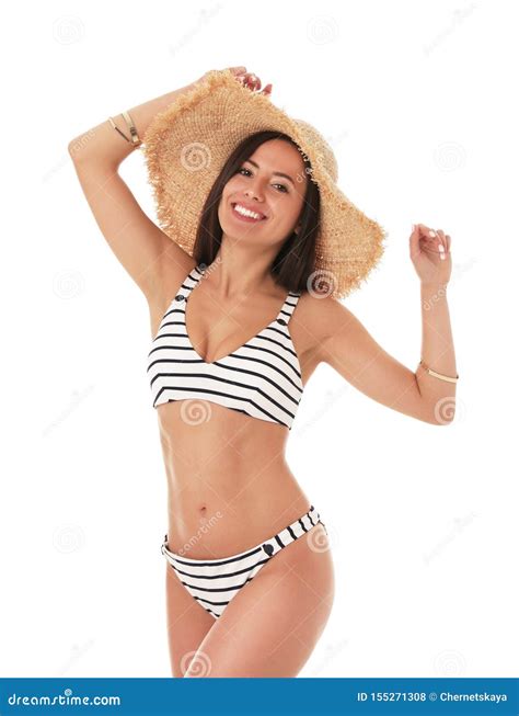 Mujer Atractiva Bonita Con El Cuerpo Delgado En Bikini Rayado En El Fondo Blanco Foto De Archivo