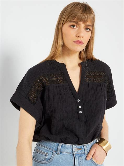 Blouse En Gaze De Coton Avec Broderie Noir Kiabi