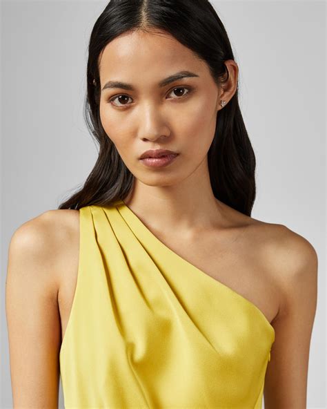 Ted Baker Synthetic One Shoulder Drape Midi Dress In Mid Yellow Yellow