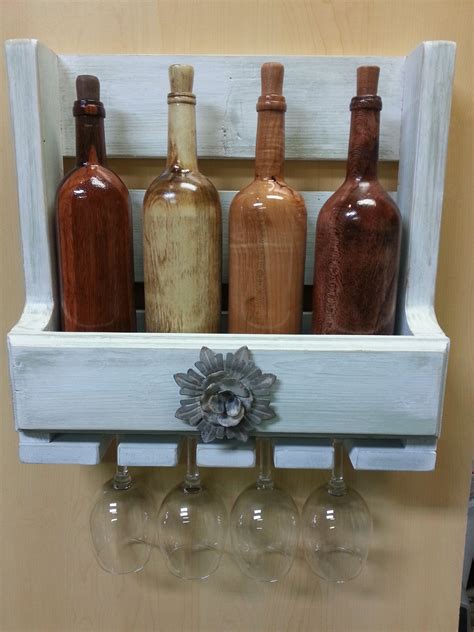 Shabby Chic Pallet Wine Rack With Glass Holder And Hand Turned Wine