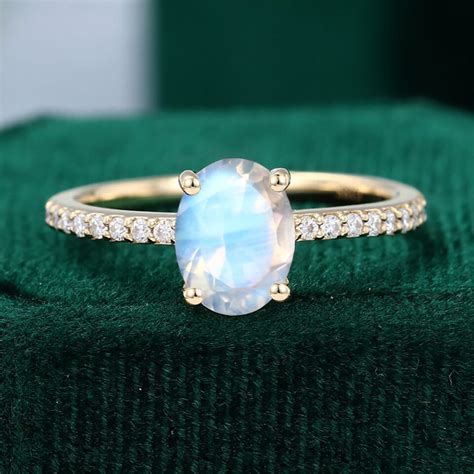 Oval Cut Moonstone Engagement Ring Half Eternity Pave Band June