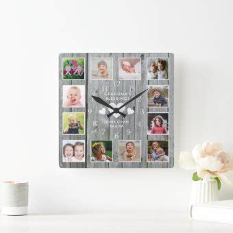 Grandma S Blessings 12 Photo Collage Gray Wood Square Wall Clock Zazzle