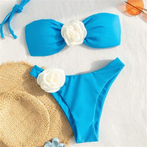 Womens Blue Floral Accent Bandeau Bikini Set Swimwear On Luulla