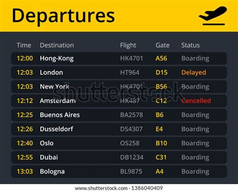 Airport Electronic Board Schedule Departures Showing Stock Vector