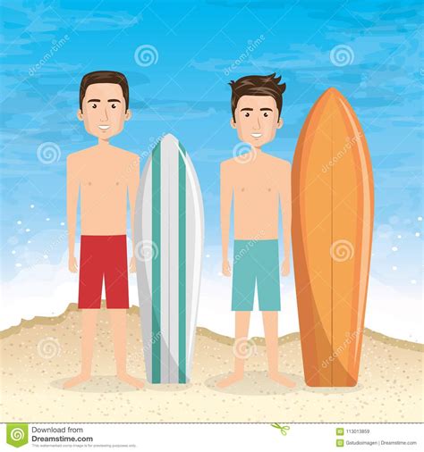 Young Men In The Beach With Surfboard Stock Vector Illustration Of