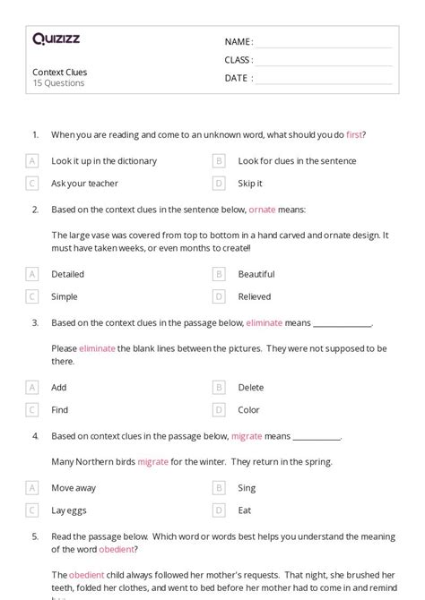 Determining Meaning Using Context Clues Worksheets For Th Class On