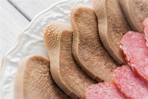 Boiled Beef Tongue On White Plate Close Up Stock Photo Image Of