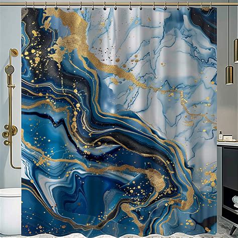 Blue And Gold Marble Print Shower Curtain For A Modern Bathroom