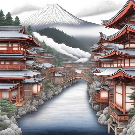 Dibujo de un paisaje japonés con el monte fuji en un día nublado Foto