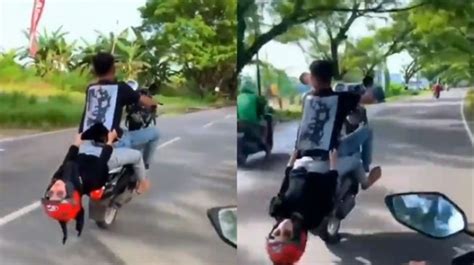 Viral Pasangan Naik Motor Jumping Kepala Nyaris Libas Aspal Tetap Ngegas