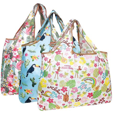 Wrapables Large Foldable Tote Nylon Reusable Grocery Bag 3 Pack Aloha Oriental Trading