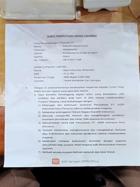Surat Pernyataan Orang Tua Wali Raja Cahya Nur Wulandari Pdf