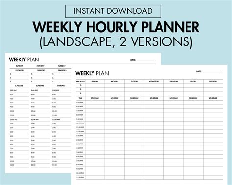 Weekly Hourly Planner Printable Instant Download Weekly - Etsy