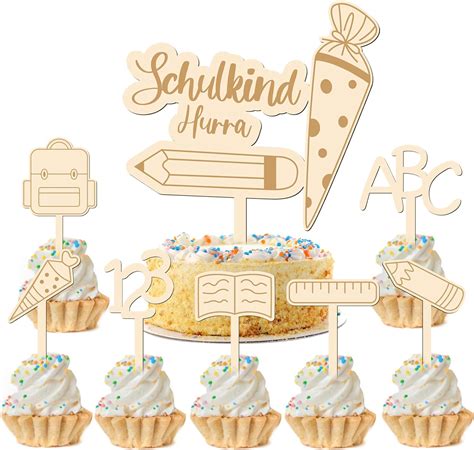 8 Stück Schulanfang Tortendeko Tortendeko Einschulung Holz Cake Topper