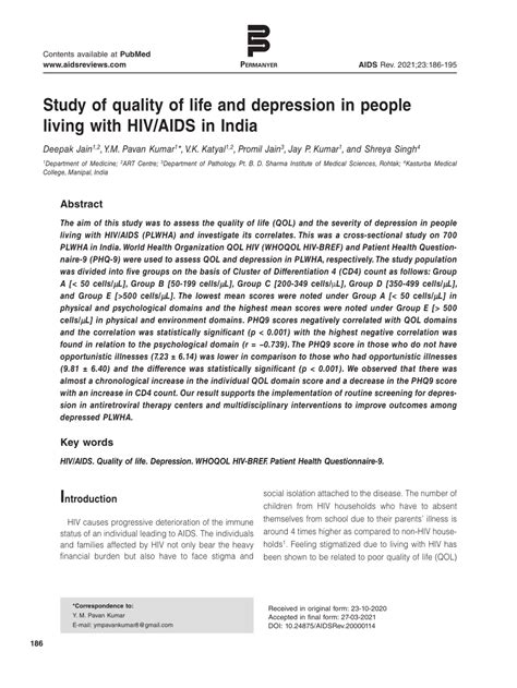 Pdf Study Of Quality Of Life And Depression In People Living With Hiv