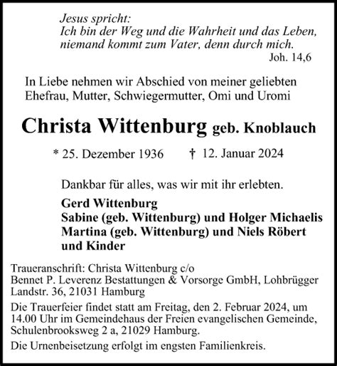 Traueranzeigen Von Christa Wittenburg Hamburgertrauer De