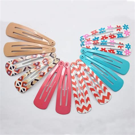 12pcslot Printed Stripe Patterns And Solid Color Hairpins Metal Snap Hair Clip Hair Accessories