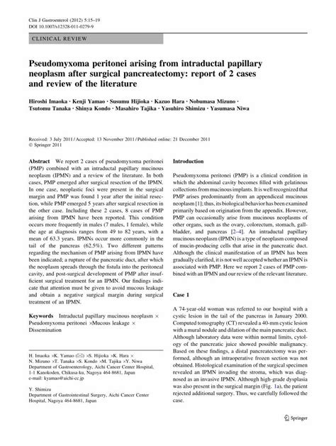 Pdf Pseudomyxoma Peritonei Arising From Intraductal Papillary