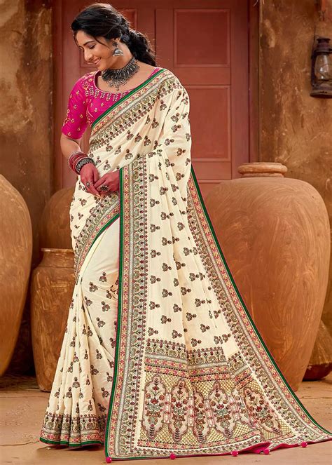 Cream Embroidered Saree With Kacchi Work Urban Womania