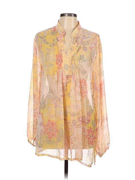 Susan Graver 100 Polyester Floral Tan Yellow Long Sleeve Blouse Size L