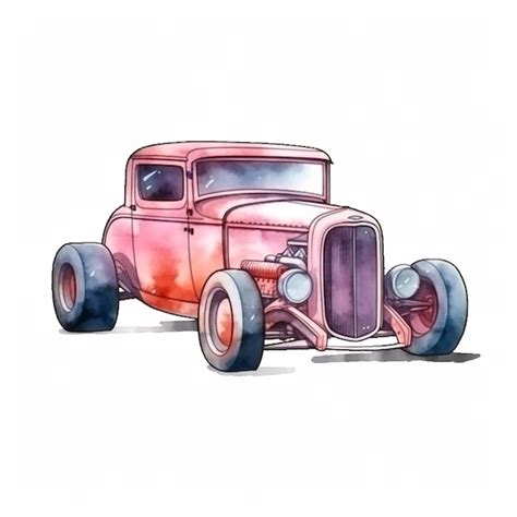 Un Dibujo De Acuarela De Un Hot Rod Con Un Trabajo De Pintura Roja