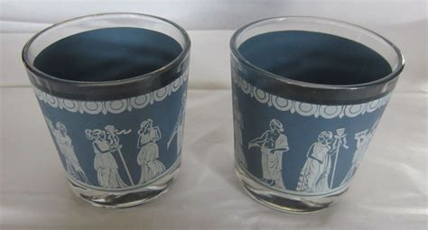 Jeanette Glass Grecian Hellenic Wedgewood Blue Ice Bucket 5 Glasses Bowls