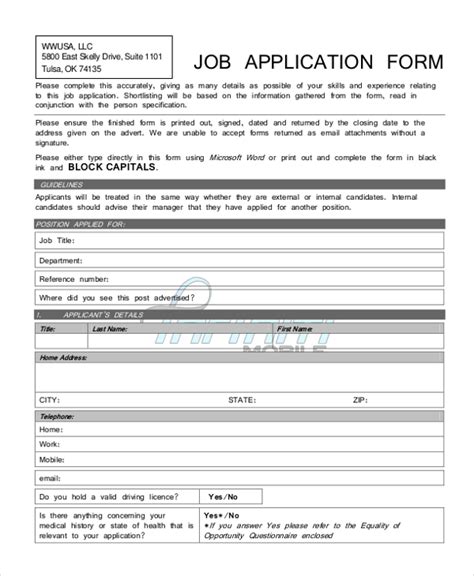 Free 10 Sample Generic Job Application Forms In Pdf Ms Word Excel