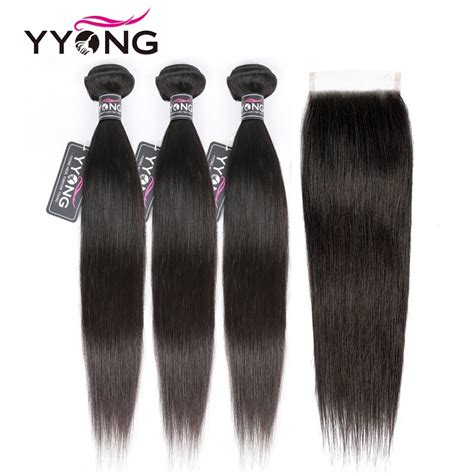 Yyong Straight Hair Bundles With Closure Brazilian Hair Weave 34