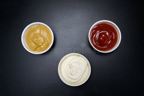 Ketchup Mayonnaise Mustard Sauces Sunflower Oil And Spices Stock