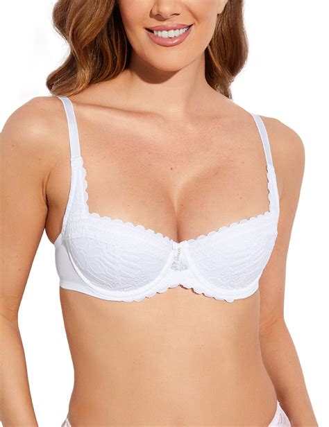 Deyllo Lace Underwire Balconette Bra 12 Cup Sheer Unlined Demi Non Padded Bra See Throughwhite