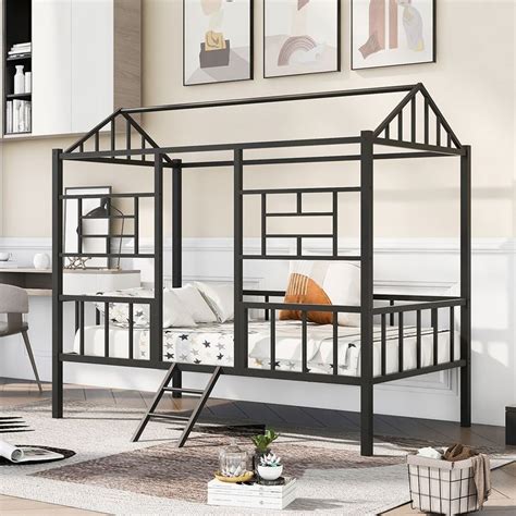 Rent To Own Twin Size Metal House Bed Frame With Slatted Support