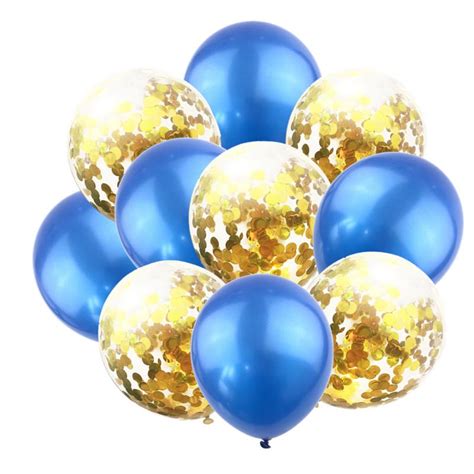 Set 10 Baloane Latex Chrome Cu Confetti Culoare Albastru Auriu