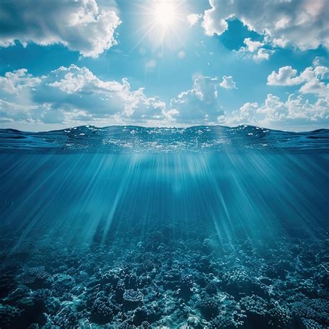 A Blue Ocean With Sun Rays Shining Through The Water Surface Showcasing