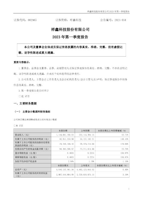 祥鑫科技：2023年一季度报告