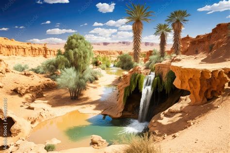 Stunning waterfall in the highland oasis of chebika, tunisia, sahara desert, Africa. Generative ...