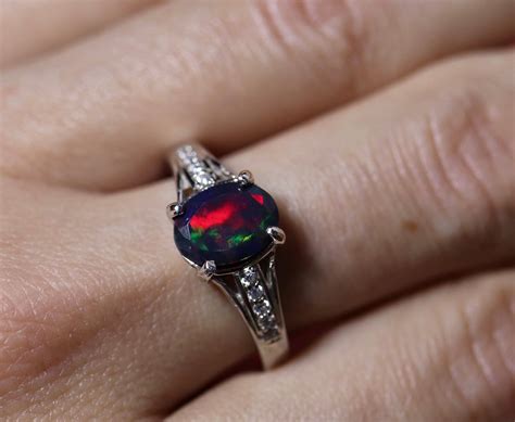 Black fire opal ring, opal engagement ring, red fire black opal, silver ...