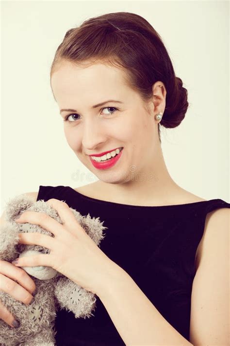 Attractive Smiling Brunette Holding Teddy Bear Stock Photo Image Of
